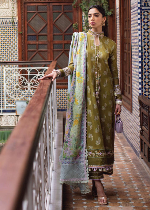 Kesh By Farah Talib Aziz Embroidered Lawn Suits Unstitched 3 Piece FTA23K FTA-09 Asni Olive - Luxury Collection