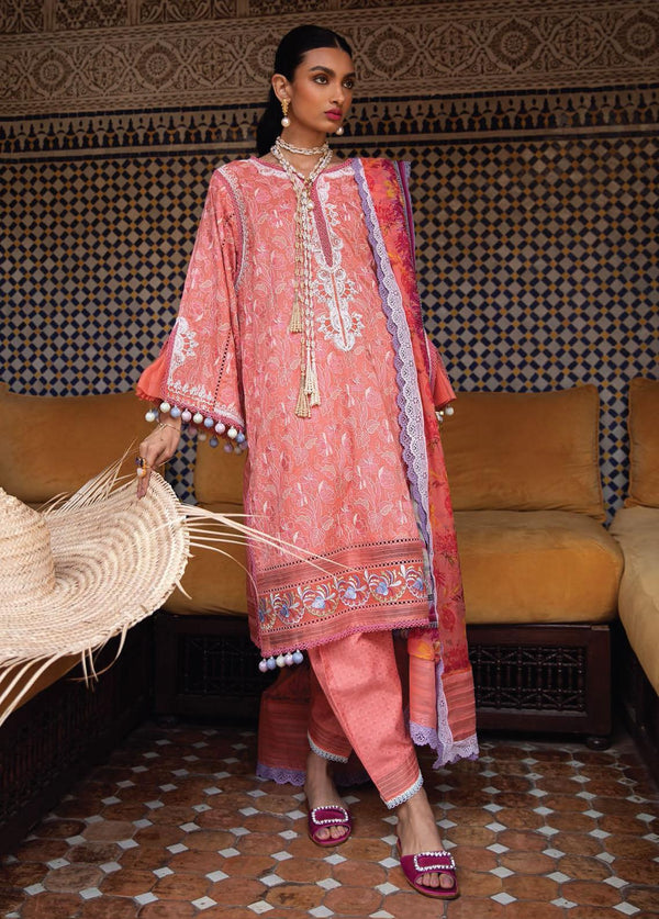Kesh By Farah Talib Aziz Embroidered Lawn Suits Unstitched 3 Piece FTA23K FTA-15 Villa Coral - Luxury Collection