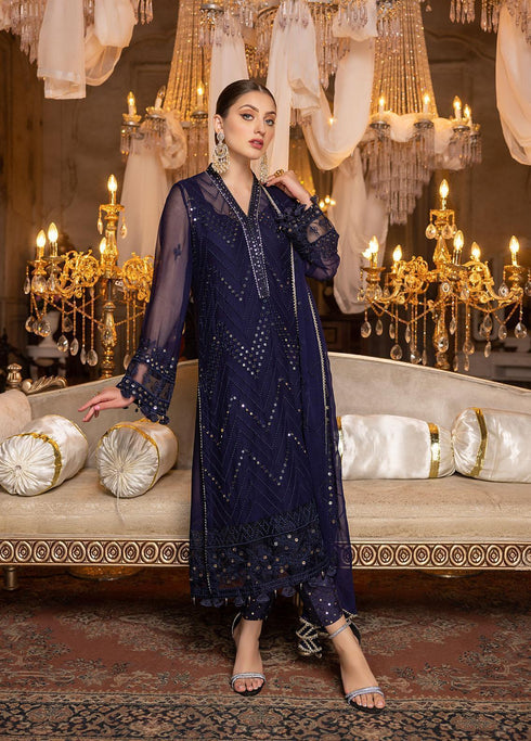 Merakish By Shahzeb Textiles Embroidered Chiffon Suits Semi-Stitched 3 Piece ST22-MK2 D-04 Navy Blue - Luxury Collection